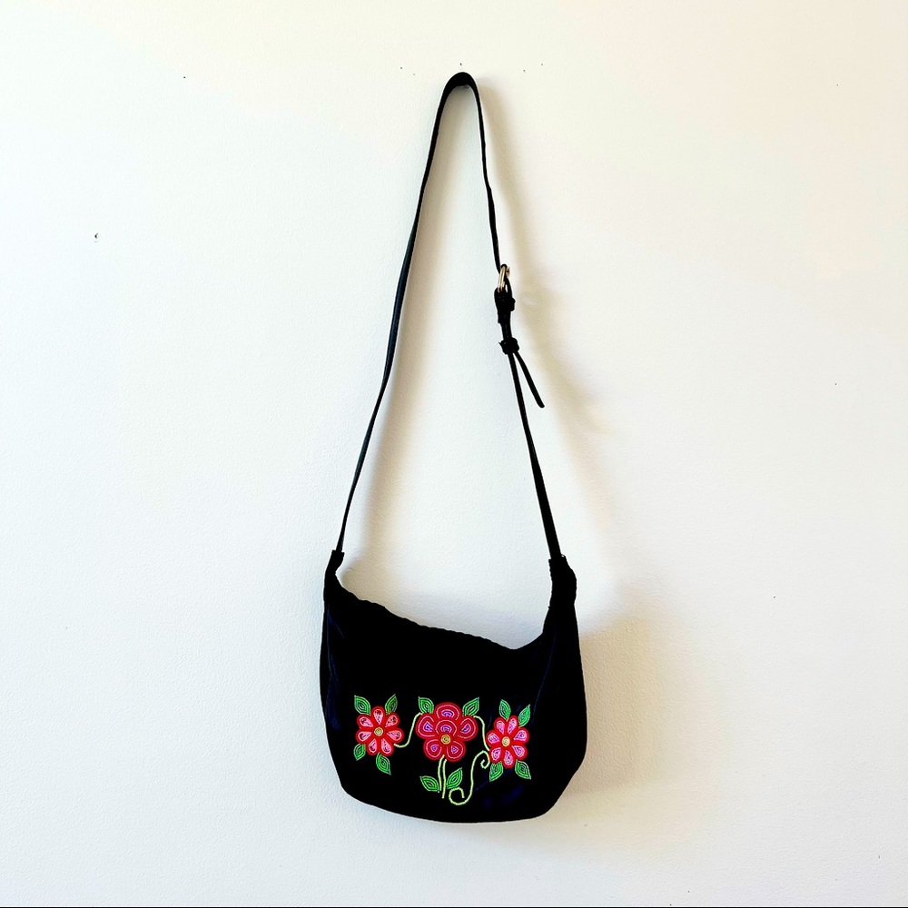 Custom Beaded First Nations Cross Body Black Leather and Felt Purse